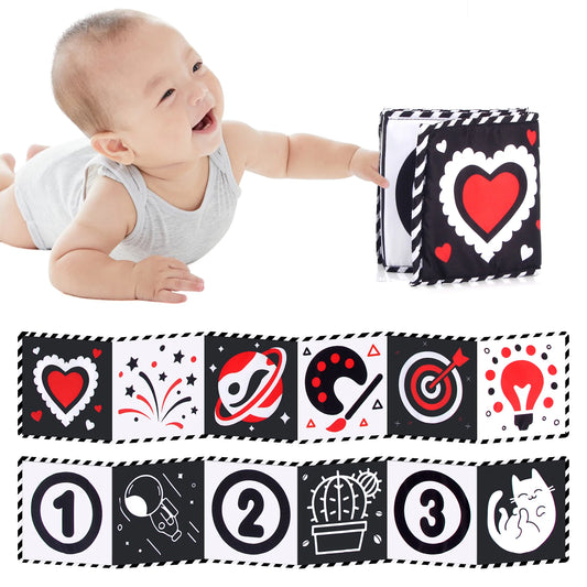 Montessori Kontrastbuch mit kleinem Baby und 12 unterschiedlichen Seiten mit Herzmotiv