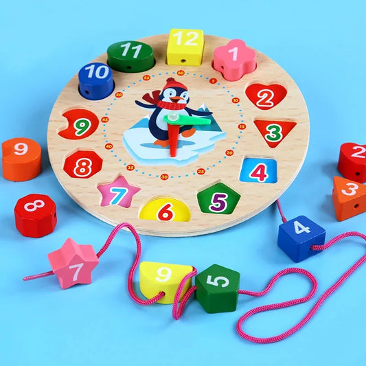 Montessori Penguin Wooden Toy Clock for Children to Learn Time