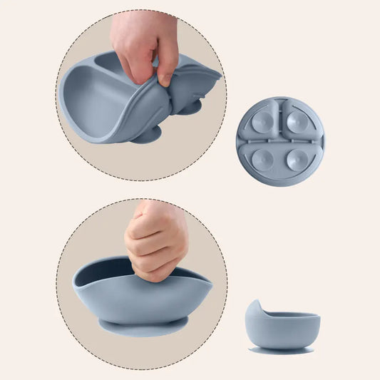 Teller und Schale des Geschirrsets aus Silikon mit Demonstration der Saugfunktion