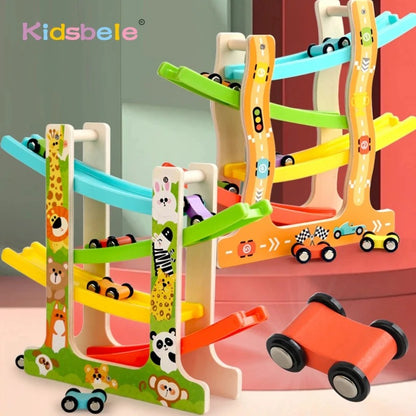 Montessori wooden car slide toy for toddlers and children